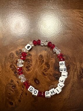 Personalized Red & Clear Beaded Bracelet- "Go Phillies". Handmade.